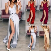 Sexy Backless V-neck Slit Hem Solid Color Sling Dress