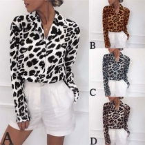 Fashion Long Sleeve V-neck Leopard Print Blouse