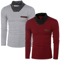 Fashion Contrast Color Cowl Neck Long Sleeve Men's T-shirt