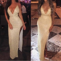 Sexy Backless Deep V-neck High Slit Hem Sling Party Dress