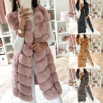 Fashion Solid Color Sleevlees Long Plush Vest Jacket