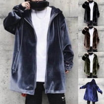 Fashion Solid Color Long Sleeve Side Pockets Men's Hooded Coat