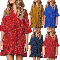 Fashion Deep V-neck Short Sleeve Wave Points Lotus Spliced Short Dress