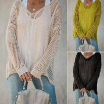 Fashion Solid Color V-neck Long Sleeve Hollow Out Smock