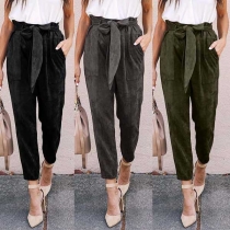 Fashion Solid Color High Waist Side Pockets Lace Up Pants
