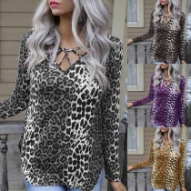 Fashion Contrast Color Long Sleeve Slim Fit Leopard Printed Shirt