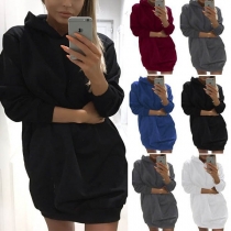 Fashion Solid Color Long Sleeve Side Pockets Slim Fit Over-hip Hooded Dress