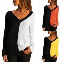 Fashion Contrast Color Deep V-neck Long Sleeve Shirt