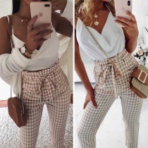 Fashion Contrast Color High Waist Lace Up Plaid Harem Pants