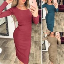 Fashion Solid Color Round-neck Long Sleeve Slit Hemline Over-hip Dress