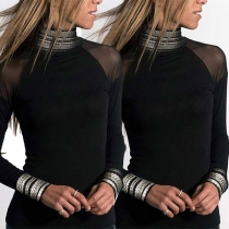 Sexy Gauze Printed Spliced Long Sleeve High Neck T-shirt