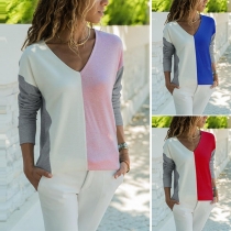 Fashion Contrast Color Deep V-neck Long Sleeve Loose Shirt