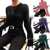 Fashion Solid Color Trumpet Sleeve Round Neck Knit Top