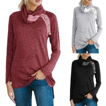 Fashion Contrast Color Lace Spliced Cowl Neck Long Sleeve T-shirt