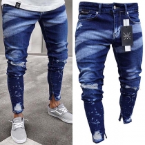Fashion Contrast Color Slim Fit Ripped Men's Jeans Calças de ganga masculino rasgado justo  cor de contraste na moda