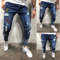 Fashion Embroidered Spliced Ripped Jeans for Men