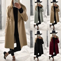 Fashion Solid Color Long Sleeve Double-breasted Woolen Coat