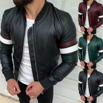 Fashion Contrast Color Long Sleeve Stand Collar Men's PU Leather Coat