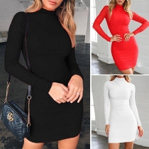 Simple Style Long Sleeve Mock Neck Solid Color Slim Fit Dress