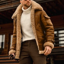 Fashion Solid Color Long Sleeve Plush POLO Collar Men's Coat