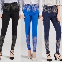 Fashion Contrast Color High Waist Elastic Slim Fit Printed Jeans