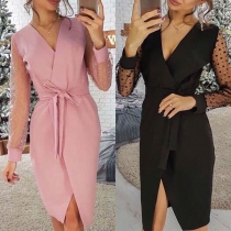 Sexy See-through Gauze Spliced Long Sleeve V-neck Dress