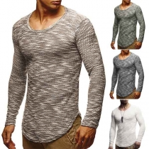 Fashion Mixed Color Long Sleeve Round Neck Arc Hem Men's T-shirt