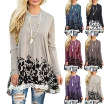 Fashion Long Sleeve Round Neck Lace Spliced Hem Printed T-shirt