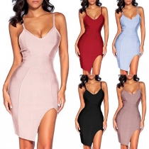 Sexy Backless V-neck Slit Hem Solid Color Slim Fit Sling Dress