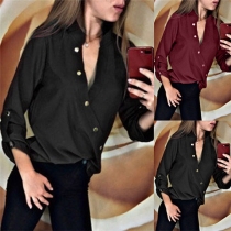 Fashion Solid Color Long Sleeve V-neck Oblique-button Blouse