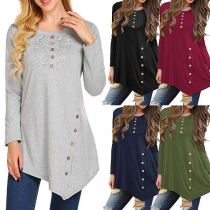 Fashion Lace Spliced Long Sleeve Round Neck Irregular Hem Top