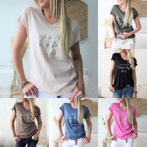 Fashion Solid Color Round-neck Short Sleeve Letters Printed Shirt