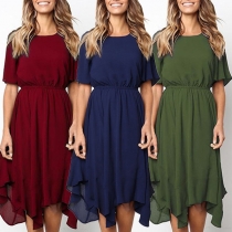 Fashion Short Sleeve Round Neck Irregular Hem Solid Color Dress
