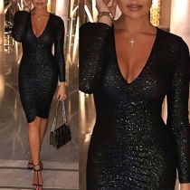 Sexy Deep V-neck Long Sleeve Slim Fit Dress
