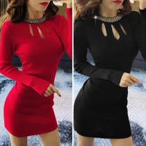 Sexy Hollow Out Round Neck Long Sleeve Beaded Slim Fit Dress