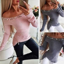 Sexy Beaded Boat Neck Long Sleeve Irregular Zipper Hem T-shirt