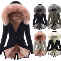 Fashion Long Sleeve Faux Fur Spliced Hooded Plush Lining Padded Coat