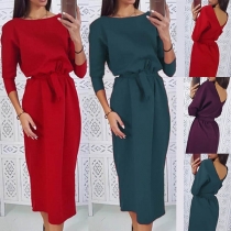 Sexy V-sshaped Backless Long Sleeve Solid Color Dress