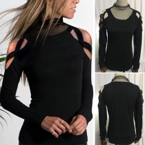 Sexy Off-shoulder Long Sleeve Gauze Spliced Mock Neck T-shirt 