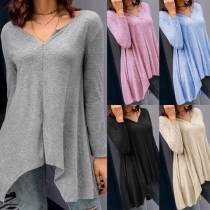 Fashion Solid Color Long Sleeve V-neck Irregular Hem Top 