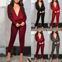 Sexy Deep V-neck Elastic Waist Solid Color Long Sleeve Jumpsuit