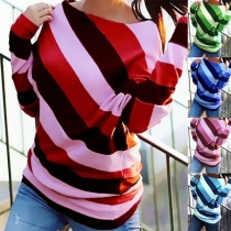 Fashion Long Sleeve Round Neck Colorful Striped Top