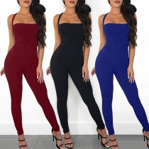 Sexy Backless High Waist Slim Fit Solid Color Jumpsuit