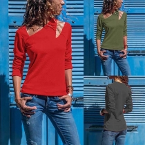 Sexy Hollow Out Long Sleeve Solid Color T-shirt