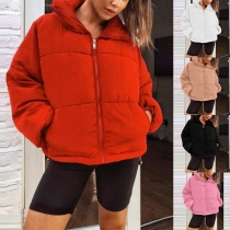 Fashion Solid Color Long Sleeve Stand Collar Padded Coat