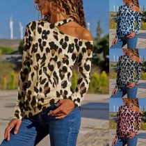 Sexy Off-shoulder Long Sleeve Leopard Print T-shirt