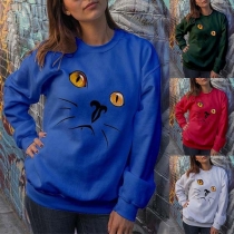 Cute Cat Printed Long Sleeve Round Neck Casual Sweatshirt