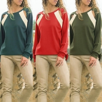 Fashion Contrast Color Long Sleeve Round Neck Hollow Out T-shirt