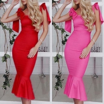 Sexy Backless High Waist Fishtail Hem Solid Color Slim Fit Dress