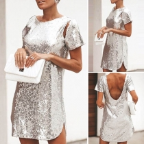 Sexy Backless Short Sleeve Round Neck Sequin Dress